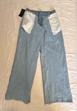Sumwon Inside-Out Design Straight Leg Jeans with White Panel Overlay and Raw Hem